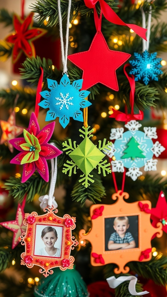 Colorful homemade Christmas ornaments on a tree, including felt and paper designs.